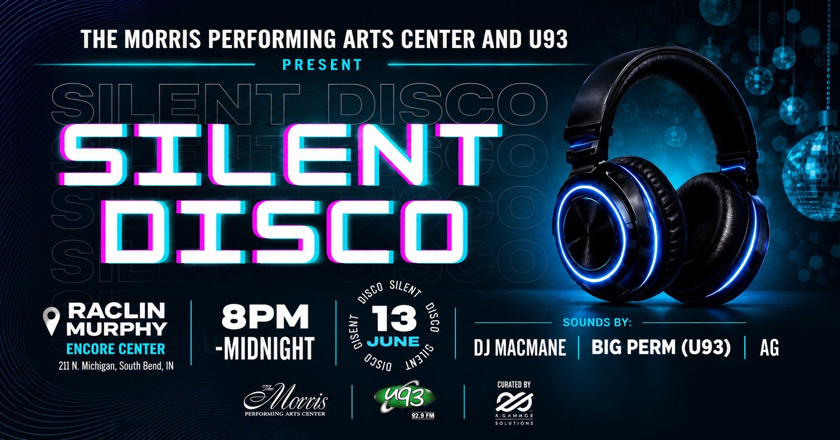 header image for silent disco event. Text for silent disco at 8pm at Encore Center next to a pair of headphones.