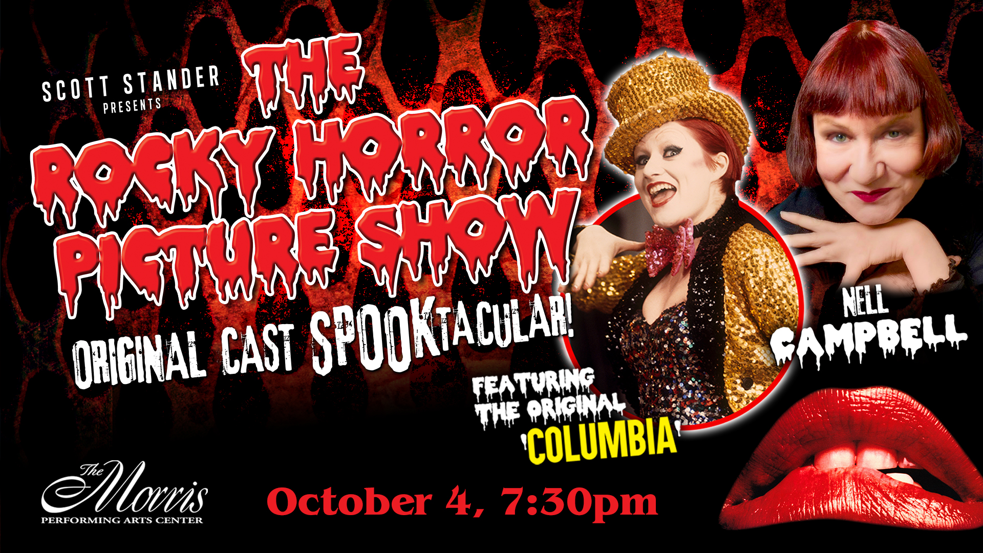 Rocky horror picture show banner at the Morris on Oct 4. Image of actress Mel Campbell.