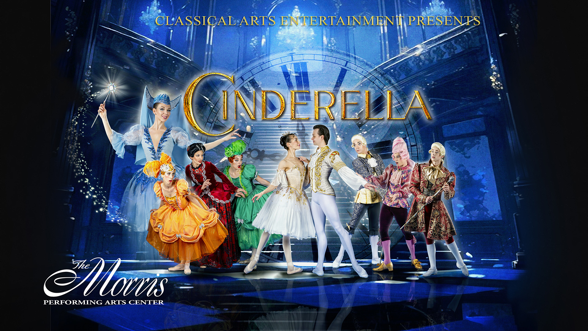 Cinderella ballet banner with ballet dancers dressed up in costumes.