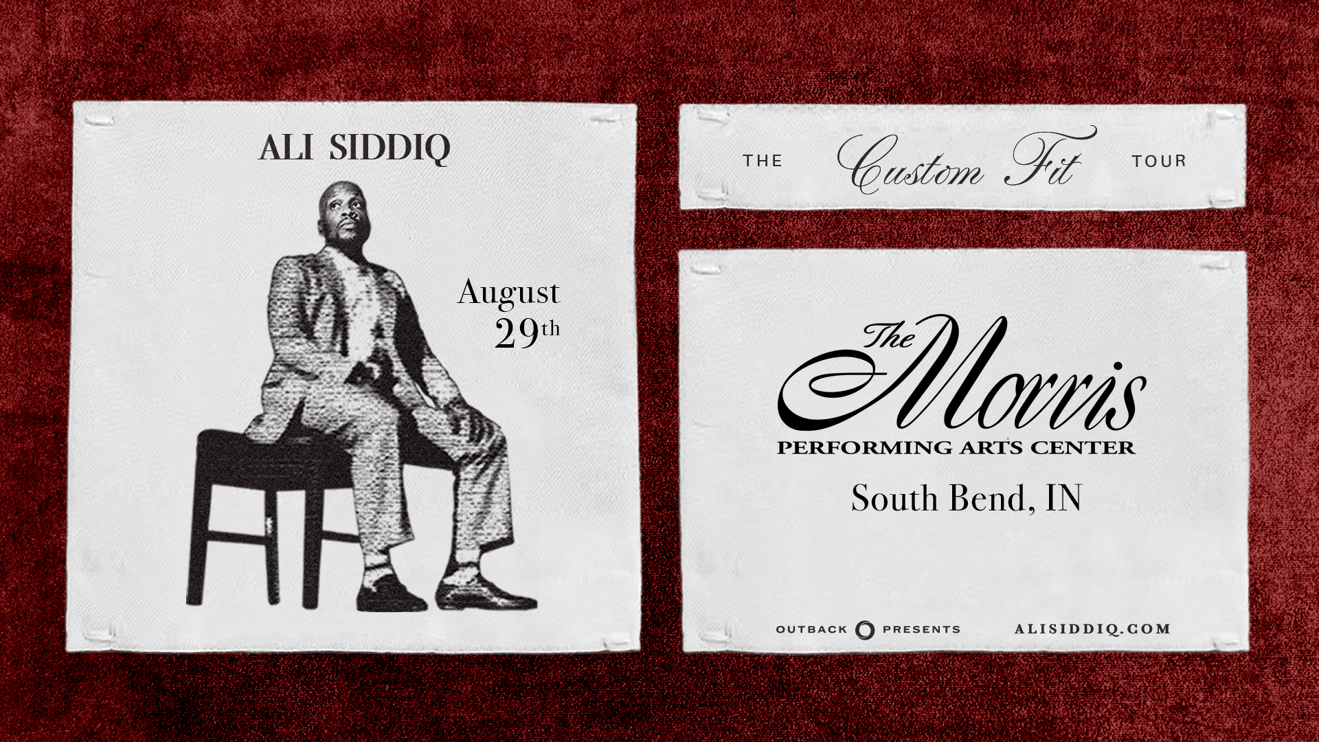Ali Siddiq banner. Man sitting on bench. Morris Logo and sponsor logos.